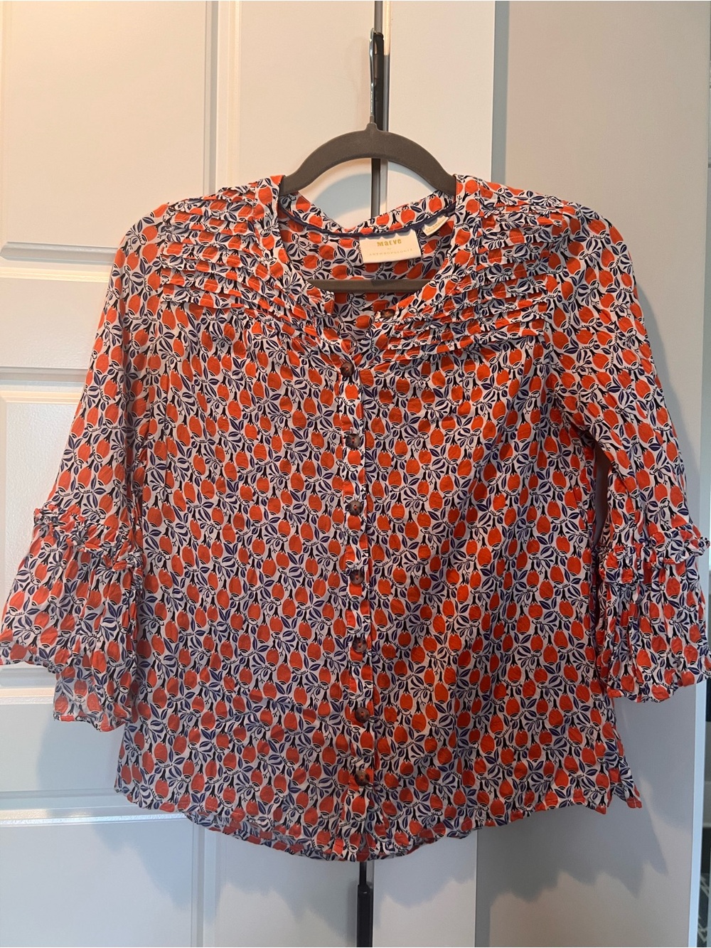 Maeve Orange Navy Floral Button-Front Ruffle-Sleeve Blouse